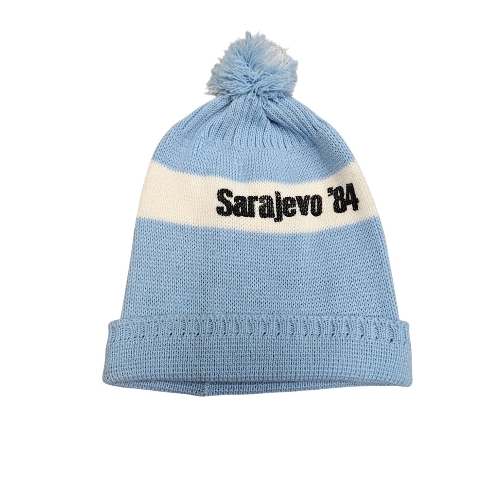 Sarajevo 84 Beanie Unisex Light Blue White Pom Pom Winter Olympic Souvenir Hat